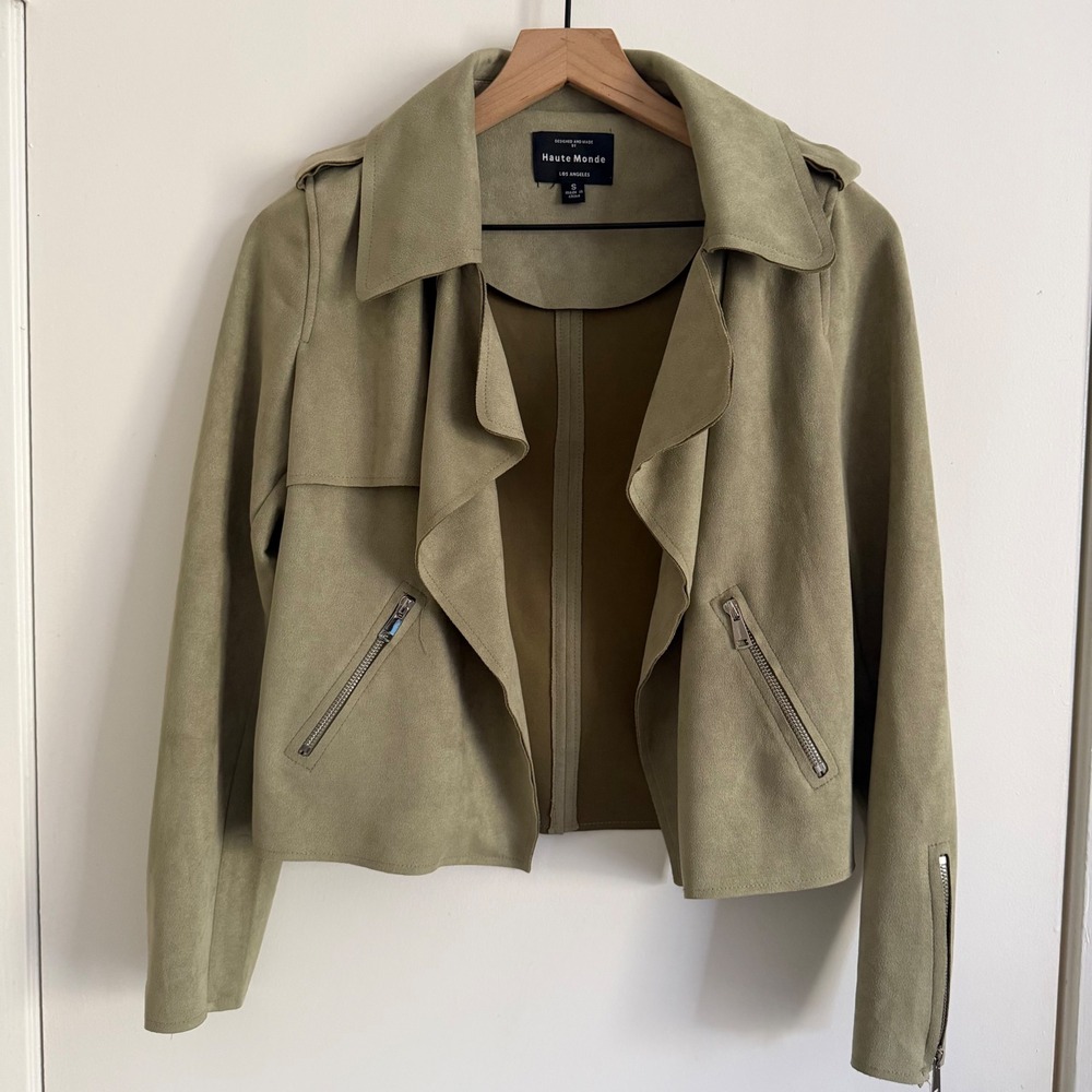 Haute Monde Olive Green Faux Suede Draped Moto Jacket Chic Classy Biker